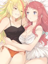  2girls :d arm_up ass_visible_through_thighs azuki_(aduki) bad_id bad_pixiv_id bare_arms bare_shoulders bed_sheet blonde_hair blue_eyes blush breasts cleavage collarbone commentary_request cowboy_shot dress earrings eyes_visible_through_hair from_above grin hair_over_one_eye hug jewelry large_breasts light_green_hair long_hair lying medium_breasts minamoto_sakura multicolored_hair multiple_girls nikaidou_saki on_back on_side open_mouth orange_hair orange_panties orange_ribbon panties parted_lips pink_eyes red_hair ribbon side-tie_panties sleeveless sleeveless_dress smile strap_slip streaked_hair stud_earrings tank_top teeth underwear v-shaped_eyebrows white_dress yuri zombie_land_saga 