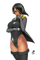  2019 alternate_color alternate_skin_color arm_under_breasts bad_id bad_pixiv_id black_eyes black_hair black_jacket black_leotard black_thighhighs breasts commentary dark-skinned_female dark_skin emperor_penguin_(kemono_friends) female hair_over_one_eye hand_to_own_mouth headphones highleg highleg_leotard highres jacket kemono_friends large_breasts leotard looking_at_viewer medium_hair multicolored_hair orange_hair pandacron simple_background solo streaked_hair thighhighs two-tone_hair white_background 