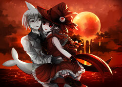  1boy bad_end bow braid brown_hair commentary_request dark_persona empty_eyes evil_grin evil_smile eyeball female fins fish_tail formal funamusea gloves grin hairbow hat hug looking_at_viewer melting moon ocean oounabara_to_wadanohara open_mouth orange_moon pale_skin photoshop_(medium) red_eyes red_sky revanche shark_tail silver_hair sky smile spoilers suit surreal syake_(funamusea) tail twin_braids wadanohara wadanohara_(red_sea) witch_hat 