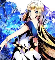  absurdres blonde_hair blue_eyes blunt_bangs bracelet commentary_request divine_gate dress female floating_hair from_side highres jewelry long_hair looking_at_viewer mady_(madine08260) parted_lips sleeveless sleeveless_dress solo standing very_long_hair white_dress 