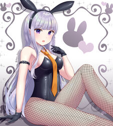  alternate_costume animal_print artist_request bare_arms bare_shoulders black_gloves braid breasts bunny_hair_ornament bunny_print bunnysuit commentary_request danganronpa danganronpa_1 dot_nose eyebrows_visible_through_hair female fishnet_legwear fishnet_pantyhose fishnets from_side gloves hair_ornament heart heart_print highres kirigiri_kyouko long_hair looking_at_viewer medium_breasts nabekokoa necktie orange_neckwear pantyhose purple_eyes purple_hair side_braid single_braid sitting solo 