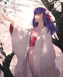  alternate_costume cherry_blossoms cowboy_shot fate/stay_night fate_(series) female flower from_side hair_flower hair_ornament hair_ribbon highres japanese_clothes kasuga_no_tsubone_(fate) kimono kouzuki_kei long_hair looking_up matou_sakura pink_kimono purple_eyes purple_hair ribbon solo tree 