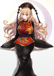  absurdres blonde_hair breasts commentary_request dress eyelashes female headdress highres hip_focus junko_(touhou) kurokan_(kokkyou_oudan) large_breasts long_hair looking_at_viewer parted_lips partial_commentary red_eyes ribbon sash shadow sideways_glance sitting solo tabard tassel touhou very_long_hair wavy_hair wide_sleeves 