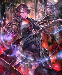  android artist_request black_hair dress embers female frilled_dress frills gears gem grey_eyes hand_on_own_chest high_heels joints long_hair looking_at_viewer mono_(shadowverse) multicolored_eyes official_art open_mouth red_eyes robot_joints ruins shadowverse sitting slit_pupils solo 