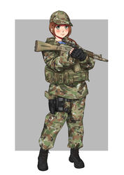  absurdres ak-105 army assault_rifle baseball_cap brown_hair camouflage commentary english_commentary female fingerless_gloves full_body glock gloves green_eyes gun handgun hat highres holster holstered load_bearing_vest looking_at_viewer mardjan military original ponytail rifle russia shirt simple_background solo striped_clothes striped_shirt telnyashka thigh_holster vdv weapon 