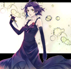  ahoge baccano! breasts chane_laforet cleavage collarbone commentary_request dress elbow_gloves evening_gown female floating_hair flower gloves holding holding_knife knife letterboxed long_dress looking_at_viewer medium_breasts purple_dress purple_gloves purple_hair purple_ribbon red_flower ribbon riq95 short_hair sleeveless sleeveless_dress solo standing white_background yellow_eyes 