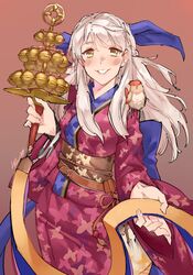  bangle bell bird blue_scarf blush bracelet commentary cowboy_shot female fire_emblem fire_emblem:_radiant_dawn fire_emblem_heroes grey_hair hair_ornament highres japanese_clothes jewelry jingle_bell kagura_suzu kenshin187 kimono long_hair looking_at_viewer micaiah_(fire_emblem) micaiah_(hoshidan_summer)_(fire_emblem) obi official_alternate_costume sash scarf simple_background smile solo standing white_hair yellow_eyes yune_(fire_emblem) 