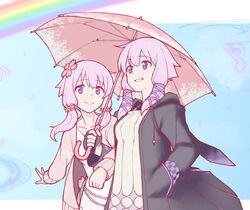  2girls breasts commentary dress dual_persona flower hair_flower hair_ornament hair_ribbon holding holding_umbrella hood hood_down hoodie jacket long_hair michimoyo multiple_girls purple_eyes purple_hair ribbon shared_umbrella short_hair_with_long_locks sidelocks smile tress_ribbon umbrella voiceroid yuzuki_yukari yuzuki_yukari_(lin) yuzuki_yukari_(onn) 