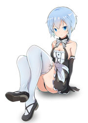  alice_gear_aegis bare_shoulders blue_eyes blue_hair bow breasts commentary detached_collar elbow_gloves female frills gloves highres looking_at_viewer maid mary_janes nina_kalinina nraib panties pantyshot photoshop_(medium) shoes short_hair sideboob sitting solo thighhighs underwear white_background white_thighhighs 