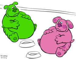  2013 blue&#039;s_clues blue_eyes canid canine canis domestic_dog duo green_body green_puppy hijoke magenta_(blue&#039;s_clues) mammal nickelodeon obese overweight pink_body 