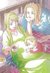  2boys baby backlighting bed bed_sheet blackfoxes blonde_hair blue_eyes blue_shirt cheek_press commentary_request couple cup day dress dress_shirt drooling edward_elric edward_elric&#039;s_son father_and_son female fingernails food fullmetal_alchemist green_dress hand_on_own_chin happy head_rest highres holding holding_cup holding_hands indoors lolicon long_dress long_hair looking_down lying mother_and_son multiple_boys nightstand open_mouth photoshop_(medium) pillow plate ponytail pregnant sample_watermark shirt sleeves_rolled_up smile socks straight sunlight watermark winry_rockbell yellow_eyes 