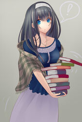  ! bad_id bad_pixiv_id black_hair blue_eyes blue_shirt collarbone commentary_request female grey_background grey_skirt hairband highres holding idolmaster idolmaster_cinderella_girls jewelry long_hair looking_at_viewer necklace plaid plaid_shawl sagisawa_fumika shawl shirt skirt solo speech_bubble standing sterilizedgauze-qhx white_hairband 