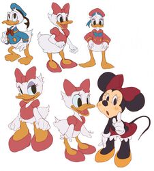  2014 anatid anseriform anthro avian biped bird bottomless bow_(feature) bow_ribbon clothed clothing daisy_duck digital_media_(artwork) disney donald_duck duck group hi_res koki mammal minnie_mouse mouse murid murine rodent simple_background standing white_background 