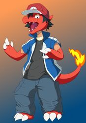  2017 3_fingers 3_toes black_hair charmeleon claws clothed clothing feet fingers fire flaming_tail generation_1_pokemon gradient_background hair hat headgear headwear hi_res human human_to_anthro male mammal nintendo open_mouth pokemon pokemon_(species) pokemon_trainer satoshi_(pokemon) simple_background solo species_transformation tail toe_claws toes transformation white_claws yorusagi 