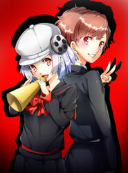  2girls :d absurdres back-to-back black_jacket black_sailor_collar black_shirt black_skirt bow bowtie brown_hair commentary_request gekkoukan_high_school_uniform grey_hair grin hat highres hikari_(pq2) holding jacket long_sleeves looking_at_viewer multiple_girls nakano_maru open_mouth partial_commentary persona persona_3 persona_3_portable persona_q2:_new_cinema_labyrinth persona_q_(series) pleated_skirt red_background red_bow red_bowtie red_eyes sailor_collar school_uniform shadow shiomi_kotone shirt short_hair skirt smile v white_headwear 