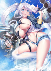  2girls ahoge alternate_breast_size azur_lane bare_shoulders bikini black_bikini black_gloves blue_eyes blush book breasts cleavage commentary_request dark-skinned_female dark_skin day denim denim_shorts eyelashes eyes_visible_through_hair floating_hair gloves half_gloves headgear heart heart-shaped_pupils heart_ahoge highleg highleg_bikini highres holding holding_book huge_breasts indianapolis_(azur_lane) ken_ill knee_up lens_flare light_purple_hair long_hair looking_at_viewer machinery manga_(object) multiple_girls navel open_mouth outdoors partially_fingerless_gloves portland_(azur_lane) portland_(retrofit)_(azur_lane) rigging short_shorts shorts side_ponytail single_thighhigh sky smile stomach swimsuit symbol-shaped_pupils thigh_strap thighhighs thighs thong thong_bikini unaligned_breasts very_long_hair water white_hair white_thighhighs yellow_eyes 