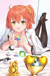  :d ahoge apple artist_name bare_arms black_pantyhose black_skirt blush breasts chaldea_uniform cleavage collarbone command_spell commentary_request fate/grand_order fate_(series) female food fruit fujimaru_ritsuka_(female) gem golden_apple hair_between_eyes hair_ornament hair_scrunchie highres holy_grail_(fate) indoors jacket knight lying mana_prism medium_breasts medium_hair no_bra no_shoes on_stomach one_side_up open_clothes open_jacket open_mouth orange_eyes orange_hair pantyhose saint_quartz_(fate) saint_quartz_fragment scrunchie signature silver_apple skirt skyrail smile solo statue white_jacket 