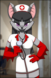  2018 anthro bat big_ears black_bars breasts clothed clothing eyelashes female fur gloves grey_body grey_fur grey_hair hair half-closed_eyes handwear holding_stethoscope lady_malmsteen letterbox lips lipstick looking_at_viewer makeup mammal medical_instrument narrowed_eyes nurse nurse_clothing nurse_uniform purple_eyes red_clothing red_gloves red_handwear scientific_instrument shinragod simple_background smile solo stethoscope thick_lips uniform verona7881 