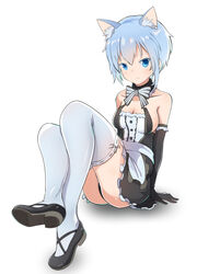  alice_gear_aegis animal_ear_fluff animal_ears bare_shoulders blue_eyes blue_hair bow breasts cat_ears commentary detached_collar elbow_gloves female frills gloves highres kemonomimi_mode looking_at_viewer maid mary_janes nina_kalinina nraib panties pantyshot photoshop_(medium) shoes short_hair sideboob sitting solo thighhighs underwear white_background white_thighhighs 