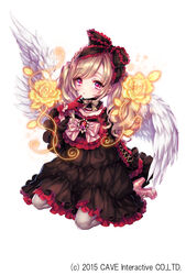  amati_(gothic_wa_mahou_otome) blonde_hair blush commentary_request dress female full_body gothic_lolita gothic_wa_mahou_otome hairband lolita_fashion lolita_hairband long_hair looking_at_viewer murayama_(u_k) official_art photoshop_(medium) purple_eyes simple_background solo twintails white_background wings 