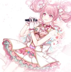  :d back_bow bang_dream! blue_flower bow commentary_request dress earrings female floral_background flower flower_earrings gloves green_flower hair_flower hair_ornament hair_ribbon holding holding_microphone jewelry long_hair looking_at_viewer maruyama_aya microphone neck_ribbon nennen open_mouth overskirt pink_eyes pink_flower pink_hair pink_ribbon pocket purple_flower ribbon see-through see-through_sleeves short_sleeves sidelocks smile solo striped striped_ribbon twintails vest white_gloves white_ribbon yellow_flower 