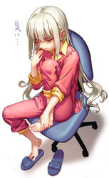  alternate_hairstyle applying_pedicure as109 barefoot blue_eyes blush chair clenched_teeth clipping_toenails commentary feet female from_above highres kagura_mea long_hair long_sleeves nail_clippers one_eye_closed pajamas pants paryi_project photoshop_(medium) revision simple_background sitting slippers solo straight_hair teeth toes translated very_long_hair virtual_youtuber wavy_hair white_background white_hair 