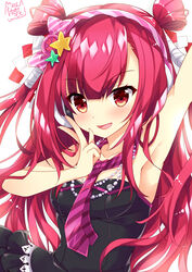  :d arm_up armpits bare_arms bare_shoulders beatmania_iidx black_dress blush bow breasts collarbone commentary_request diagonal_stripes dress female hair_between_eyes hair_ornament hairband hand_up hinata_momo jewelry long_hair medium_breasts necklace open_mouth pearl_necklace pink_bow pink_hairband red_eyes red_hair signature simple_background smile solo star_(symbol) star_hair_ornament strapless striped_bow striped_clothes striped_hairband two_side_up umegiri_ameto very_long_hair white_background 