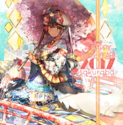  2017 artist_name beret bird bow brooch brown_eyes brown_hair cherry_blossoms chicken chinese_zodiac commentary_request english_text female flower frills gloves happy_new_year hat hat_bow hat_feather holding holding_umbrella itofuya japanese_clothes jewelry kimono kimono_skirt lolita_fashion long_hair long_sleeves looking_at_viewer male_chicken nengajou new_year obi oil-paper_umbrella original partial_commentary petals sash sitting smile solo twintails umbrella very_long_hair wa_lolita white_gloves wide_sleeves year_of_the_rooster 