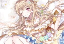  ;) bang_dream! blonde_hair blue_flower bow bowtie clenched_hand commentary_request detached_collar dress earrings female floral_background flower frills green_flower hair_ribbon half_updo jewelry long_hair looking_at_viewer neck_ribbon nennen one_eye_closed orange_bow orange_bowtie orange_ribbon pink_flower pom_pom_(clothes) pom_pom_earrings purple_eyes purple_flower ribbon shirasagi_chisato smile solo sparkle striped striped_ribbon white_flower wrist_cuffs yellow_flower 