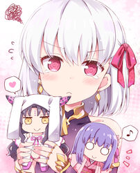  @_@ bare_shoulders blush character_doll commentary earrings facial_mark fate/grand_order fate_(series) female flying_sweatdrops forehead_mark hair_ribbon heart horns japanese_clothes jewelry kama_(fate) kama_(first_ascension)_(fate) kasuga_no_tsubone_(fate) long_hair looking_at_viewer matou_sakura musical_note parvati_(fate) photoshop_(medium) purple_eyes purple_hair red_eyes ribbon rioshi sessyoin_kiara smile solo spoken_heart spoken_musical_note squiggle tears veil white_hair 