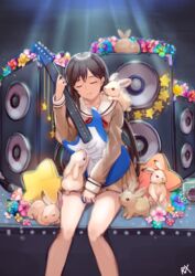  absurdres amplifier animal animal_on_shoulder bang_dream! bare_legs black_hair brown_hair closed_eyes commentary female flower guitar hanasakigawa_school_uniform hanazono_tae highres holding holding_instrument holding_plectrum instrument light_rays light_smile long_hair long_sleeves nixour pleated_skirt plectrum rabbit rabbit_on_shoulder school_uniform signature sitting skirt solo speaker star_(symbol) 