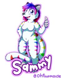  2019 alpha_channel anthro badge blue_eyes domestic_cat english_text felid feline felis female fur gesture hair hand_gesture hand_on_hip hi_res looking_at_viewer mammal multicolored_body multicolored_fur multicolored_hair ohfourmouse rainbow_body rainbow_fur sammy_(disambiguation) simple_background solo sparklefur standing text thumbs_up transparent_background white_body white_fur 