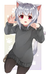  :d absurdres animal_ear_fluff animal_ears black_sweater blush braid brown_footwear brown_pantyhose cat_ears cat_girl cat_tail claw_pose commentary_request female fingernails grey_hair hands_up highres long_sleeves looking_at_viewer oerba_yun_fang open_mouth original pantyhose red_eyes shoes smile solo sora_(silent_square) standing standing_on_one_leg sweater tail tail_raised tsugumi-chan_(sora) 