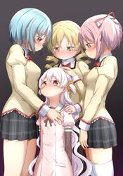  4girls abutomato age_difference black_skirt blonde_hair blue_eyes blue_hair commentary_request dress drill_hair flat_chest flat_chest_grab girl_sandwich grabbing grabbing_another&#039;s_breast hair_ornament hair_scrunchie hairpin hand_on_another&#039;s_head hand_on_another&#039;s_shoulder headpat juliet_sleeves kaname_madoka long_hair long_sleeves mahou_shoujo_madoka_magica mahou_shoujo_madoka_magica:_hangyaku_no_monogatari miki_sayaka mitakihara_school_uniform momoe_nagisa multicolored_eyes multiple_girls nervous onee-loli pantyhose pink_eyes pink_hair polka_dot polka_dot_dress puffy_short_sleeves puffy_sleeves ribbon sailor_dress sandwiched school_uniform scrunchie short_hair short_sleeves short_twintails skirt smile tag thighhighs tomoe_mami twin_drills twintails two_side_up white_hair yellow_eyes you_gonna_get_raped yuri 