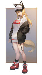  absurdres animal_hat arm_at_side baseball_cap black_socks blonde_hair blue_eyes breasts choker commentary cross-laced_footwear dog_tail dress eyelashes female full_body hair_between_eyes hand_in_pocket hat highres hood hooded_sweater hoodie jacket kmnz korean_commentary long_hair mc_lita medium_breasts off_shoulder open_clothes open_jacket outside_border oz_(gerbera7) parted_lips photoshop_(medium) shoes sidelocks sneakers socks solo standing sweater sweater_dress tail virtual_youtuber 