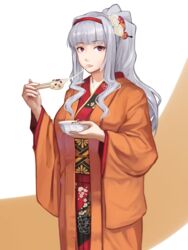  bad_id bad_pixiv_id bowl chopsticks commentary_request eating female floral_print flower grey_hair hair_flower hair_ornament hairband highres holding idolmaster idolmaster_(classic) japanese_clothes kimono long_hair long_sleeves looking_at_viewer mikado_(winters) parted_lips partial_commentary ponytail red_eyes shijou_takane shiruko_(food) solo wide_sleeves 