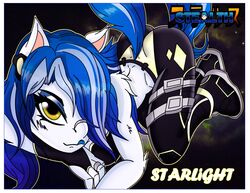  blue_hair boots border clothing cover darkfang100 darkfangcomics female footwear hair simple_background solo starlight_the_pony stealth_the_series tongue tongue_out white_border 