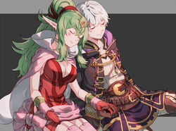  1boy belt breasts brown_gloves cape cleavage closed_eyes closed_mouth commentary commission english_commentary female fire_emblem fire_emblem:_mystery_of_the_emblem fire_emblem_awakening gloves green_hair hood hood_down large_breasts long_hair long_sleeves pointy_ears ponytail red_gloves rheamii robe robin_(fire_emblem) robin_(male)_(fire_emblem) short_hair simple_background sitting sleeping smile tiara tiki_(adult)_(fire_emblem) tiki_(fire_emblem) white_hair 