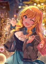  ;d absurdres black_shirt blonde_hair blue_eyes blue_skirt blurry blurry_background breasts candy cleavage commentary_request female floating_hair food fur-trimmed_shirt fur_trim grey_jacket grey_scarf highres holding idolmaster idolmaster_cinderella_girls jacket lollipop long_hair looking_at_viewer medium_breasts miniskirt night ohtsuki_yui okutomi_fumi one_eye_closed open_clothes open_jacket open_mouth outdoors photoshop_(medium) road scarf shirt skirt smile solo sparkle street 