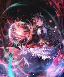  android artist_request black_hair chains cygames dress expressionless female frilled_dress frills gears gem glowing glowing_hand grey_eyes long_hair looking_at_viewer mono_(shadowverse) multicolored_eyes official_art red_eyes shadowverse slit_pupils solo torn_clothes wind wind_lift 