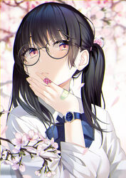  bandaid bandaid_on_hand black-framed_eyewear black_hair blue_bow blue_bowtie blurry blurry_background blush bow bowtie branch breasts brown_eyes cherry_blossoms closed_mouth collared_shirt commentary depth_of_field female flower glasses hair_ornament hand_on_own_chin hand_up heart highres long_hair long_sleeves looking_at_viewer original popuru round_eyewear semi-rimless_eyewear shirt sidelocks solo symbol-only_commentary twintails upper_body watch white_flower white_shirt wristwatch 