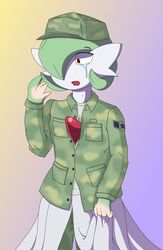  2017 after_transformation ambiguous_gender bodily_fluids clothing crying gardevoir generation_3_pokemon hat headgear headwear hi_res military_uniform nintendo not_furry open_mouth pokemon pokemon_(species) red_eyes simple_background solo tears transformation uniform yorusagi 