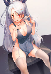  antenna_hair apron azur_lane bare_shoulders black_ribbon blue_apron blush breasts cleavage collarbone commentary_request covered_nipples female garter_belt grey_hair hair_ribbon holding holding_spatula kelly_0w0 lace-trimmed_garter_belt lace_trim large_breasts lips long_hair multicolored_hair naked_apron prinz_eugen_(azur_lane) red_hair ribbon sitting solo sparkle spatula streaked_hair swept_bangs thighhighs tongue tongue_out two_side_up very_long_hair white_thighhighs 