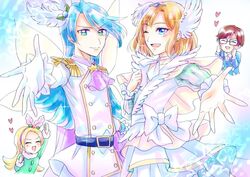  3boys ;) aisaki_masato bishounen blue_eyes blue_hair bob_cut bow brother_and_sister commentary_request cure_infini cure_waffle earrings female gloves hair_ornament heart hugtto!_precure jewelry kirahoshi_ciel kirakira_precure_a_la_mode long_hair looking_at_viewer magical_boy male_focus multiple_boys one_eye_closed outstretched_hand parari_(parari000) pikario_(precure) precure purple_eyes siblings smile sparkle spoilers wakamiya_henri white_gloves wing_hair_ornament wings 