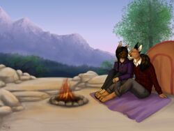  4:3 anthro camp campfire camping caracal caracal_(genus) clothed clothing domestic_cat duo dusk felid feline felis female fully_clothed gaikotsu green_eyes hand_on_shoulder male mammal mountain outside plant romantic romantic_ambiance tail_on_shoulder tent tree yellow_eyes 