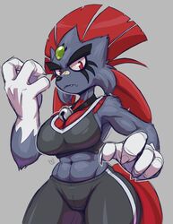  2019 abs angry anthro bandage bell big_hands bra breasts claws cleavage clothed clothing conditional_dnp elgiza fan_character fangs female generation_4_pokemon grey_background looking_at_viewer midriff muscular muscular_anthro muscular_female navel nintendo pokemon pokemon_(species) red_eyes signature simple_background solo sports_bra teckworks teeth thick_thighs underwear weavile wide_hips 