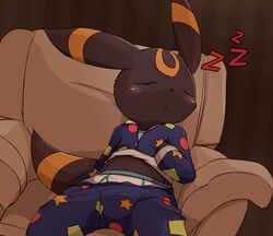  2016 anthro anthrofied blue_seam_underwear blush briefs chair clothing colored_seam_underwear eeveelution furniture generation_2_pokemon male mei_(artist) navel nintendo open_mouth pajamas pokemon pokemon_(species) pokemorph sleeping solo umbreon underwear white_briefs white_clothing white_underwear young young_anthro 