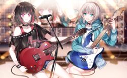  2girls :d aoba_moca aqua_eyes aqua_jacket bang_dream! bass_guitar black_hair black_shirt blurry blurry_background collar commentary_request electric_guitar grey_hair guitar hood hood_down hooded_jacket instrument jacket lightning_bolt_symbol lock long_sleeves microphone_stand mitake_ran multicolored_hair multiple_girls music nennen off-shoulder_shirt off_shoulder open_mouth padlock padlocked_collar playing_instrument plectrum purple_eyes red_hair screen shirt short_hair short_shorts short_sleeves shorts smile stage stage_lights streaked_hair studded studded_bracelet studded_collar truss 