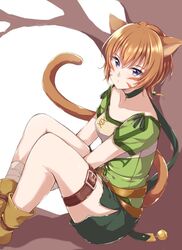  alternate_hair_color animal_ears bell belt brown_belt brown_hair brown_tail cat_ears cat_girl cat_tail choker commentary_request facial_mark female fire_emblem fire_emblem:_path_of_radiance fire_emblem:_radiant_dawn green_shorts jiino jingle_bell knees_up lethe_(fire_emblem) o-ring o-ring_belt purple_eyes short_hair short_sleeves shorts side_slit side_slit_shorts sitting solo tail thigh_strap whisker_markings 