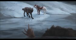  2019 ambiguous_gender black_border black_nose border brown_body brown_fur canid canine canis deer detailed_background digital_media_(artwork) feral fur grey_body grey_fur group mammal mood moose new_world_deer oneminutesketch paws water wolf yellow_eyes 